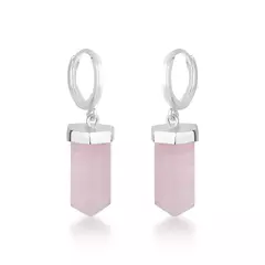 Brinco Argola Click Pedra Natural Quartzo Rosa Ponta Prata 925
