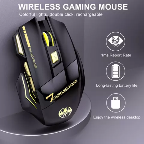 Mouse sem fio 2.4G sem fio, mouse luminoso, portátil para escritório de jogos,