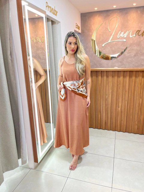 VESTIDO LONGO LINHO RÚSTICO E FAIXA