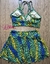 Top + Short Saia cintura alta poliamida oncinha verde e amarelo - Lolla Fitness Club