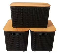 Caja simil ratán XL con tapa de madera - tienda online