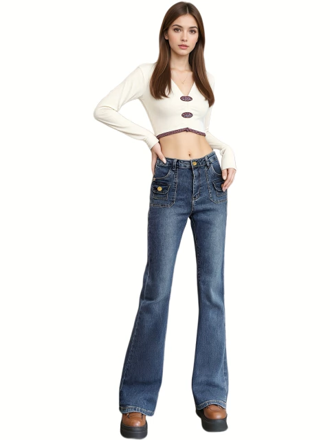 Jeans Acampanados de Talle Alto Vintage para Mujer – Estilo Y2K Elástico