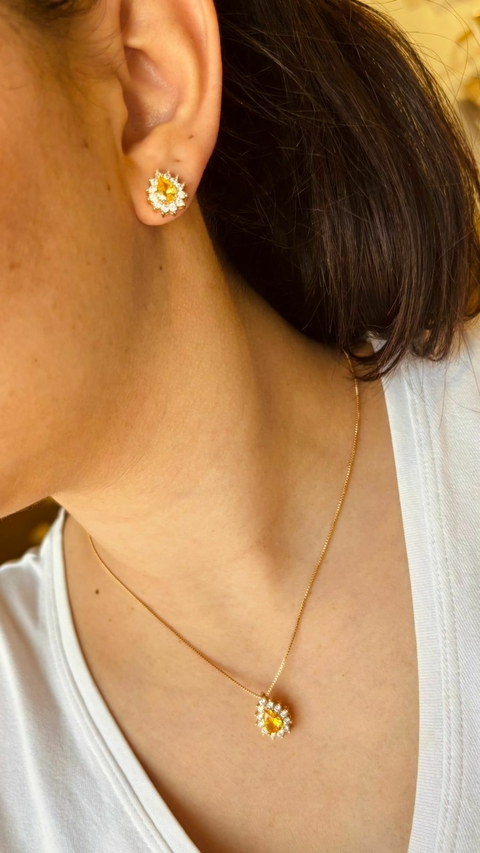 Conjunto brinco e gargantilha gota cristal borda cravejada