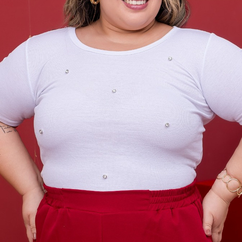 Blusa Feminina Básica Decote U Com Aplicações De Ponto de Luz