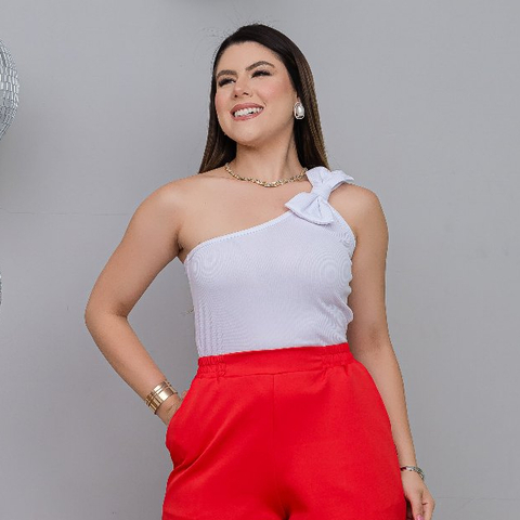 Blusa sem Manga Ombro Só em Canelado com Laço na Alça/ Blusa Ombro Único com Laço