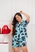 Pijama Americano Feminino em Crepe - Azul com Coações Pretos