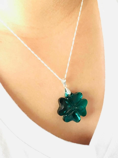 Collar Trebol Verde de La suerte Cristal y Plata 925