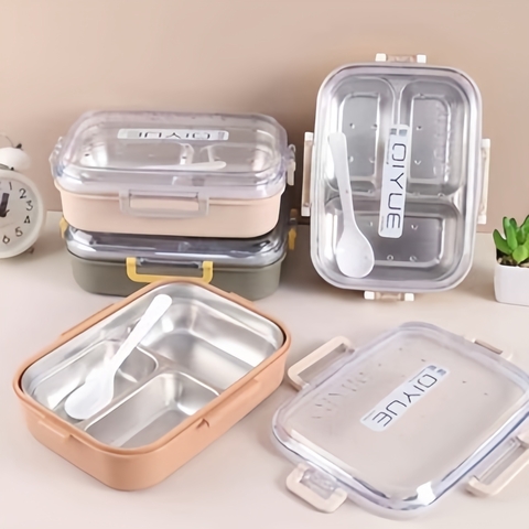 Lancheira Marmita de Aço Inox e acrilico com 3 Espaços para Alimentos e com Colher