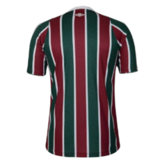Camisa de futebol com listras verticais em verde e vinho, vista traseira.