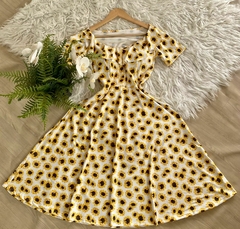 Vestido midi boneca rodado moda evangélica flores girassol na internet