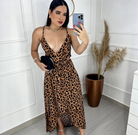 Vestido “envelope” mullet animal print onça