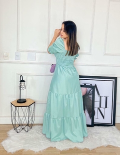 Vestido longo manga princesa moda evangélica lastex verde menta - Dalia Rosada