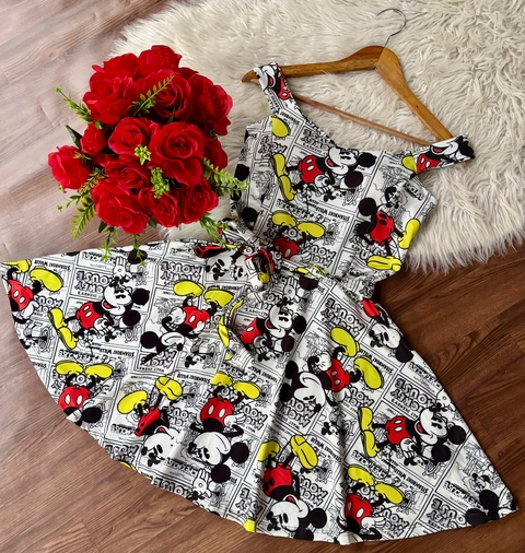 Vestido boneca rodado cinto faixa disney jornal Mickey