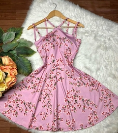 Vestido boneca rodado alça tiras flor de cerejeira na internet