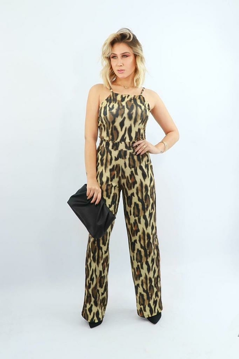Macacão longo pantalona onça oncinha animal print