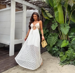 Vestido longo linho e saia de crochê