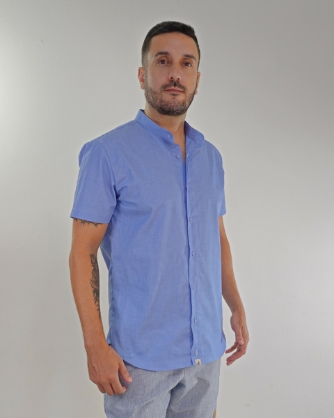 Camisa de Algodão Gola Padre Azul Mescla