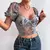 Top de corte de Yimunancy com manga folhada para mulheres, patchwork de malha, decote em v floral, tops boho, primavera - comprar online