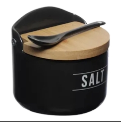 Saleiro de Cozinha de Porcelana Manhattan Hauskraft 300ml Preto com Tampa de Bambu e Colher