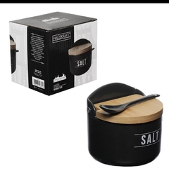 Saleiro de Cozinha de Porcelana Manhattan Hauskraft 300ml Preto com Tampa de Bambu e Colher na internet