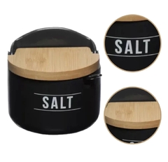 Saleiro de Cozinha de Porcelana Manhattan Hauskraft 300ml Preto com Tampa de Bambu e Colher - Letícia Manducchi