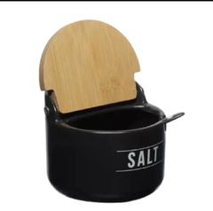 Saleiro de Cozinha de Porcelana Manhattan Hauskraft 300ml Preto com Tampa de Bambu e Colher - loja online