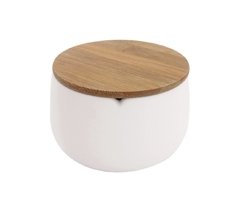 Porta Algodão Em Cerâmica Com Tampa de Bambu 12,5cm