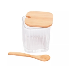 Porta Tempero de Vidro com Colher e Tampa de Bambu