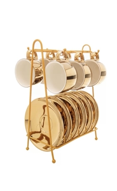 Cj 6 Xícaras de Porcelana c/ Pires p/ Café 90ml com Suporte Versa Branco e Dourado Wolff