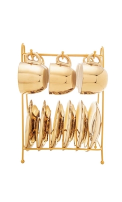 Cj 6 Xícaras de Porcelana c/ Pires p/ Café 90ml com Suporte Versa Branco e Dourado Wolff na internet