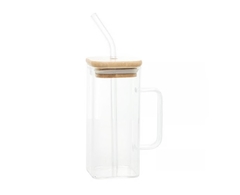Caneca de Vidro com Canudo e Tampa de Bambu 400ml