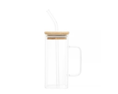 Caneca de Vidro com Canudo e Tampa de Bambu 400ml - Letícia Manducchi