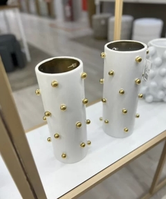 Vaso Decorativo Cerâmica Branco e Dourado 30,5x14,5cm - comprar online