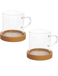 DUPLA DE CANECA DE VIDRO BOROSSILICATO COM PIRES DE BAMBU 100 ML