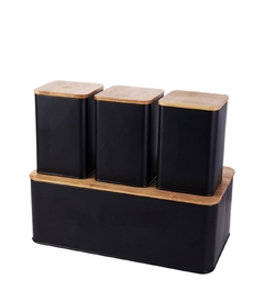 CONJUNTO PORTA PÃO BAMBU COM 3 POTES PRETO METAL