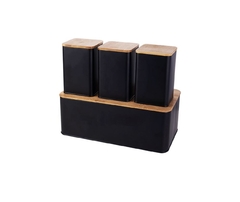 CONJUNTO PORTA PÃO BAMBU COM 3 POTES PRETO METAL - comprar online