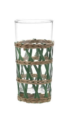 Cj 6 Copos de Vidro e Rattan Bege e Verde
