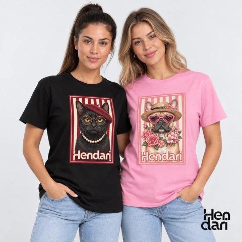Kit 2 Camisetas Baby Look Pet Gato Preto e Buldogue Francês