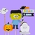 Topo de bolo de Halloween com um Frankenstein fofo, abóbora sorridente, fantasma e placa comemorativa.