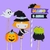 Topo de bolo de Halloween com bruxinha, abóbora, fantasma e caldeirão, personalizado para festa infantil.