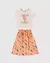 Conjunto feminino infantil em algodão com camiseta clara estampada "ALWAYS FUNNY" e saia laranja com padrão colorido. VALENTINA MODA