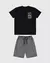 Conjunto infantil masculino com camiseta preta e calça cinza em algodão, estampa peitoral colorida.