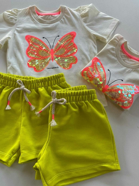 Conjunto Paetê Borboleta Verde Lima