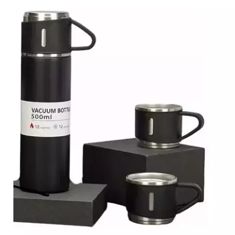 Kit Garrafa Térmica Vacuum Flask 500ml com 3 Xícaras