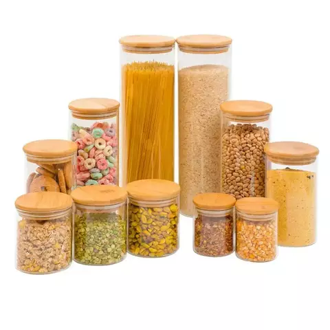Kit 11 potes de vidro com tampa de bambu herméticos redondos - Tüd
