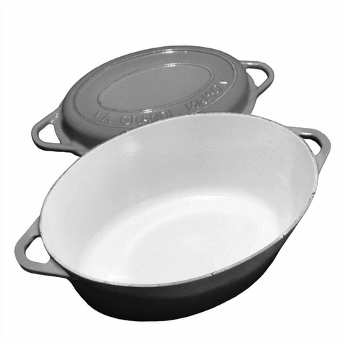 PANELA CAÇAROLA OVAL DE FERRO ESMALTADA COM TAMPA-GRILL LGM LA GRANDE MAISON 32X22X16CM PRETO EXTERNO COM BEGE INTERNO