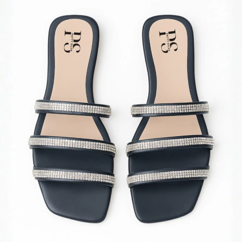 Rasteirinha Feminina Detalhe Strass Preto