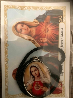 Cordão Sagrados Corações - Jesus e Maria - Medalha Resinada (3,5 cm) - Fundição em Níquel - Unidade - Rosarium Theotokos
