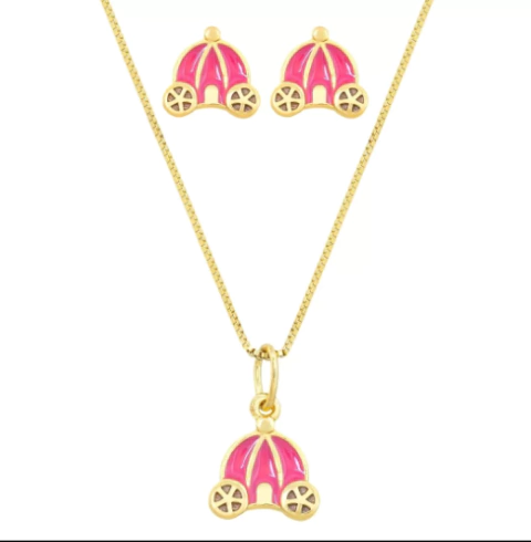 BRINCO E COLAR CARRUAGEM PRINCESA - BANHADO À OURO