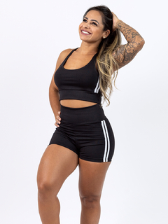 Conjunto Short e Top de Cintura Alta Fitness de Academia em Material Suplex com Listras Laterais